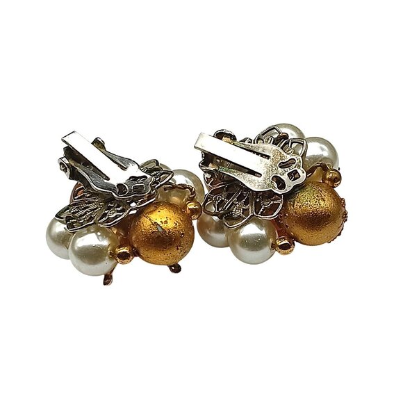 Vintage Autumn Cluster Clip-On Earrings Gold & Faux Pearl Beads with Faceted Ora - Picture 4 of 4